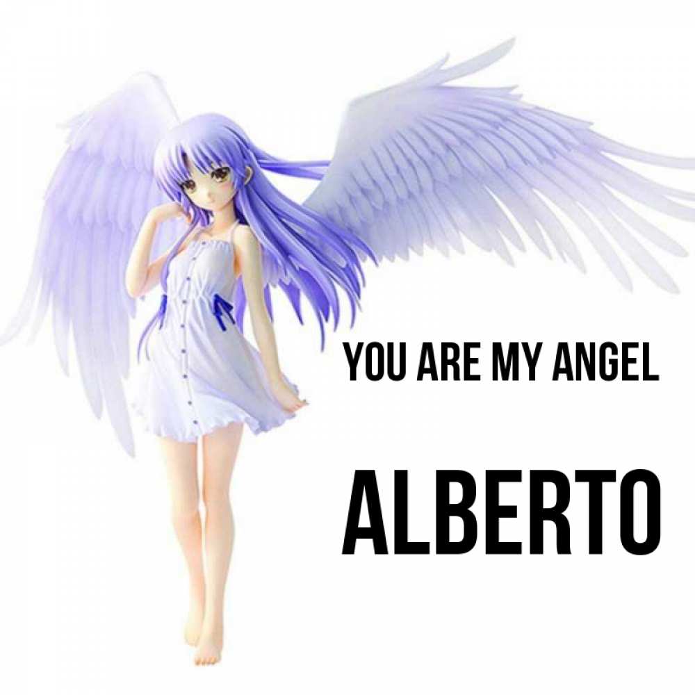 Greetings card с именем, Alberto You are my angel девушка ангел с фиолетовыми крыльями Greetings with text for free download 
