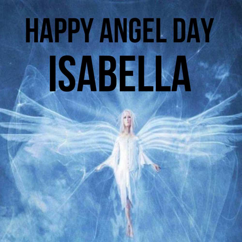 Greetings card с именем, Isabella happy angel day голубой фон и крылья как у стрекозы Greetings with text for free download 