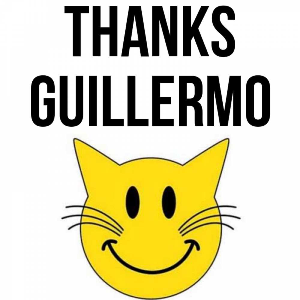 Greetings card с именем, Guillermo Thanks улыбающийся смайл кот Greetings with text for free download 