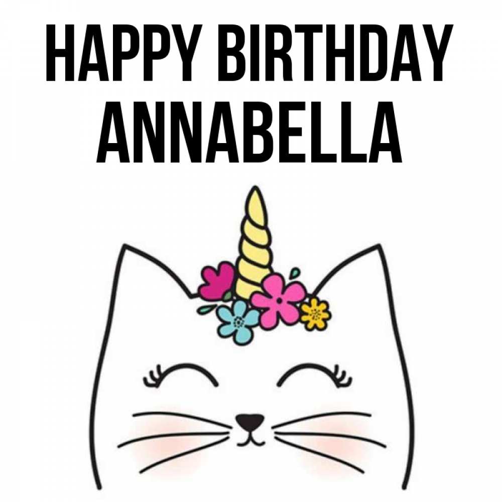 Greetings card с именем, Annabella Happy Birthday милый кот с одним рожком Greetings with text for free download 