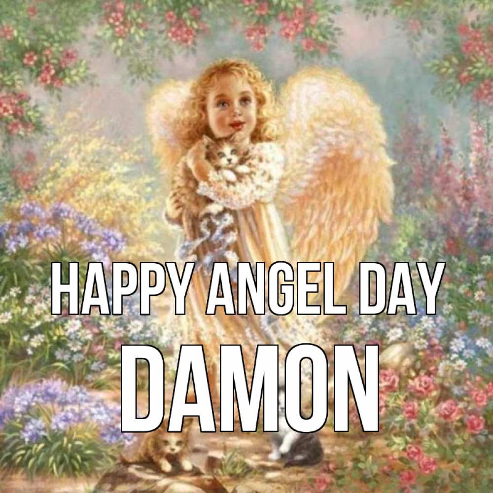 Greetings card с именем, Damon happy angel day держит котенка Greetings with text for free download 