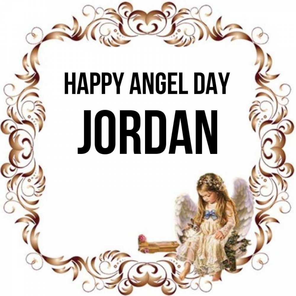 Greetings card с именем, Jordan happy angel day рамочка из перьев и ангелочек Greetings with text for free download 