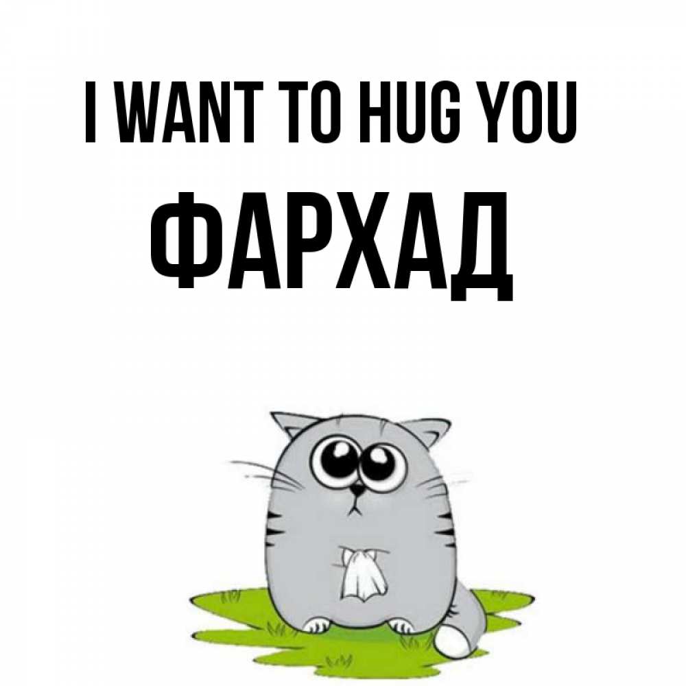 Greetings card с именем, Фархад I want to hug you котик теребит платочек сидя на травке Greetings with text for free download 