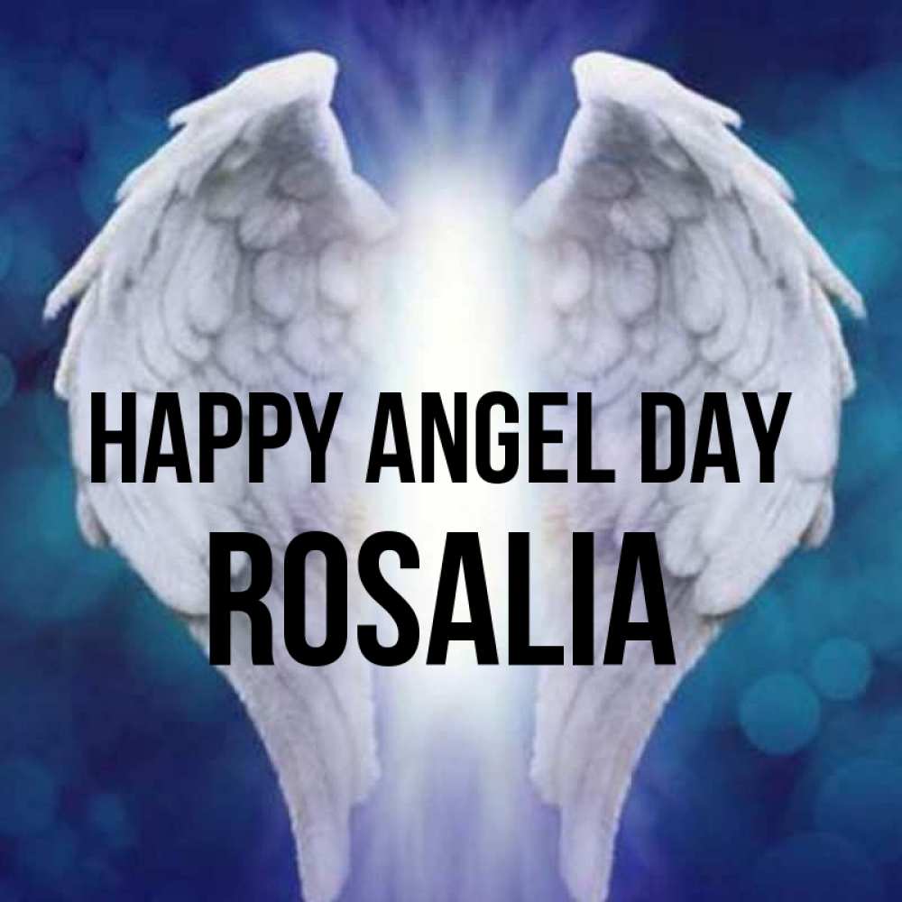 Greetings card с именем, Rosalia happy angel day синий фон и крылышки Greetings with text for free download 