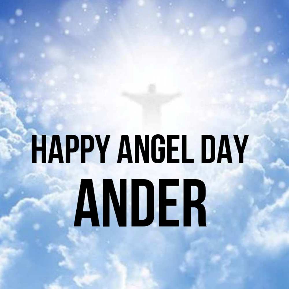 Greetings card с именем, Ander happy angel day ангел на облаках в свете солнца Greetings with text for free download 
