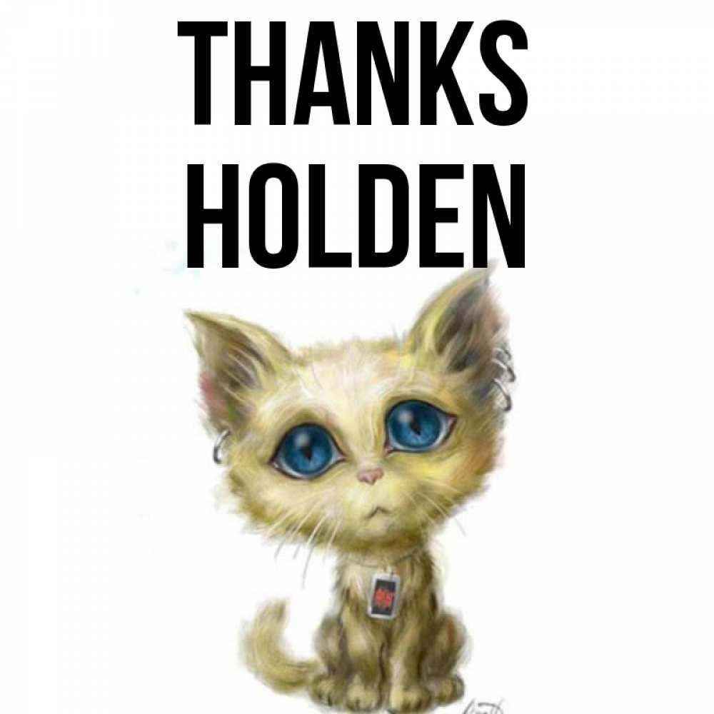 Greetings card с именем, Holden Thanks рисованный кот благодарит вас Greetings with text for free download 