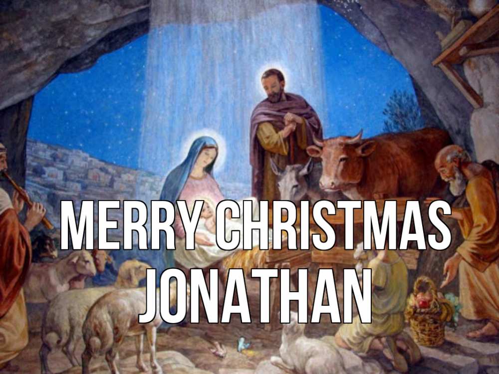 Greetings card с именем, Jonathan Merry Christmas Хлев с животными, Иисус, рождество Greetings with text for free download 