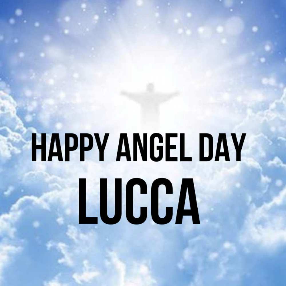 Greetings card с именем, Lucca happy angel day ангел на облаках в свете солнца Greetings with text for free download 