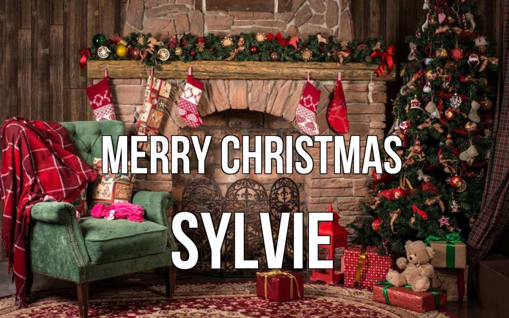 Greetings card с именем, Sylvie Merry Christmas рождество, камин, ель Greetings with text for free download 