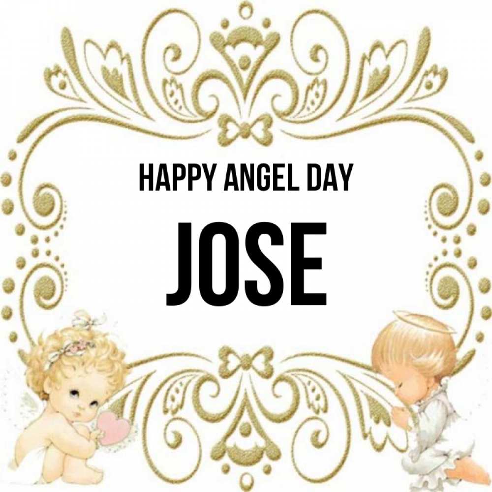 Greetings card с именем, Jose happy angel day с именинами поздравляют два красивых ангела. Один с сердечком другой молится Greetings with text for free download 