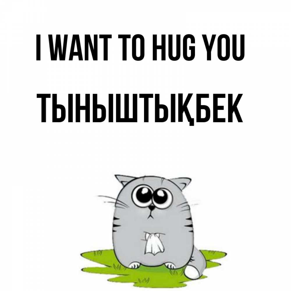 Greetings card с именем, ТЫНЫШТЫҚБЕК I want to hug you котик теребит платочек сидя на травке Greetings with text for free download 