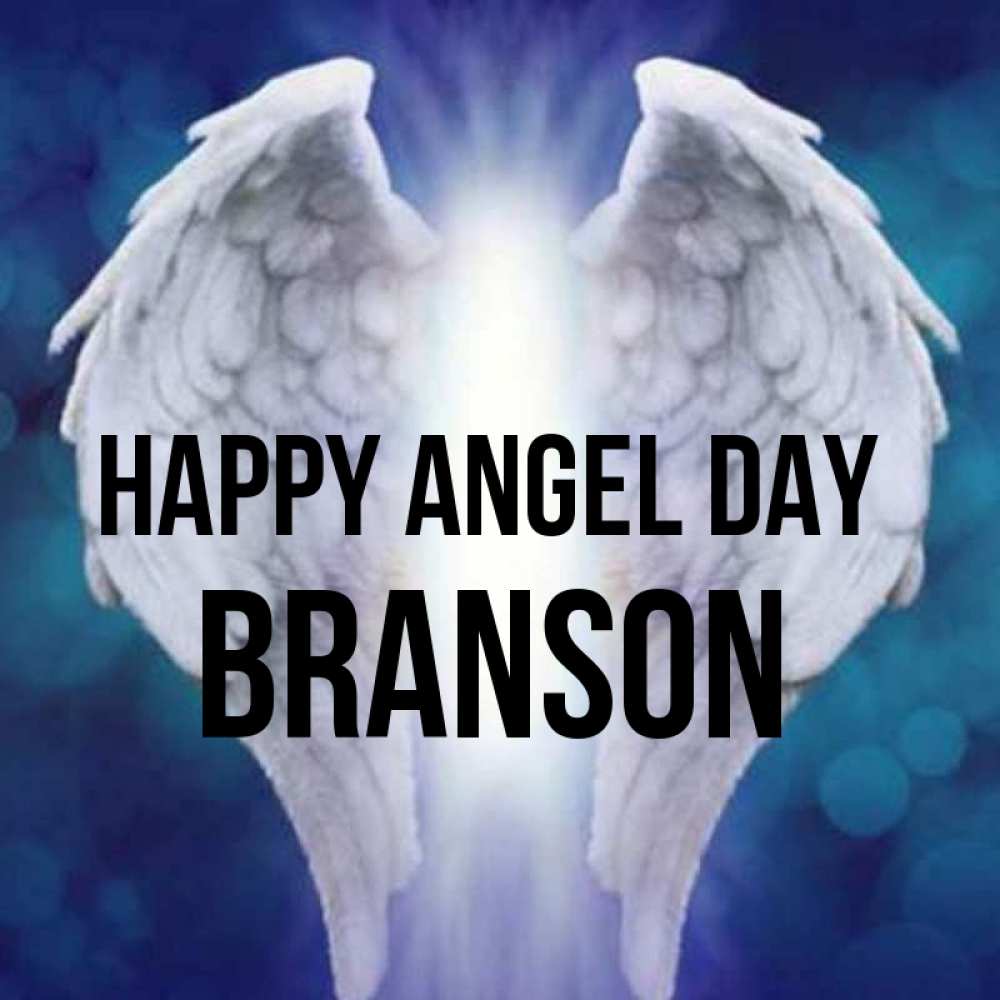 Greetings card с именем, Branson happy angel day синий фон и крылышки Greetings with text for free download 
