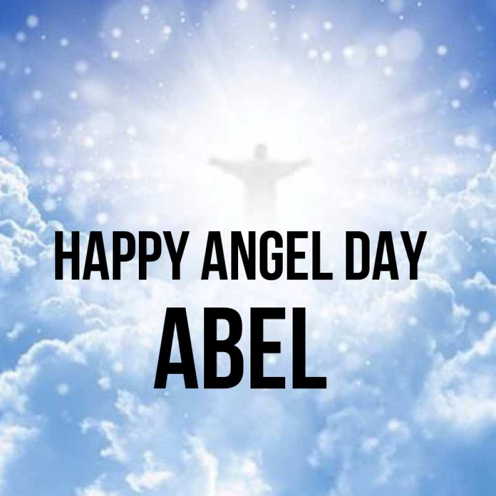 Greetings card с именем, Abel happy angel day ангел на облаках в свете солнца Greetings with text for free download 