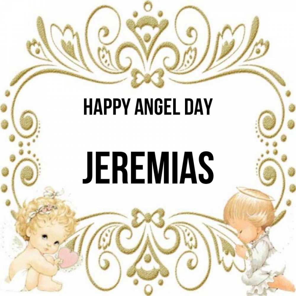 Greetings card с именем, Jeremias happy angel day с именинами поздравляют два красивых ангела. Один с сердечком другой молится Greetings with text for free download 