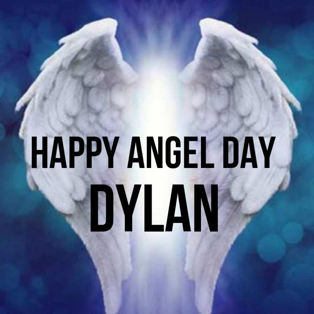 Greetings card с именем, Dylan happy angel day синий фон и крылышки Greetings with text for free download 