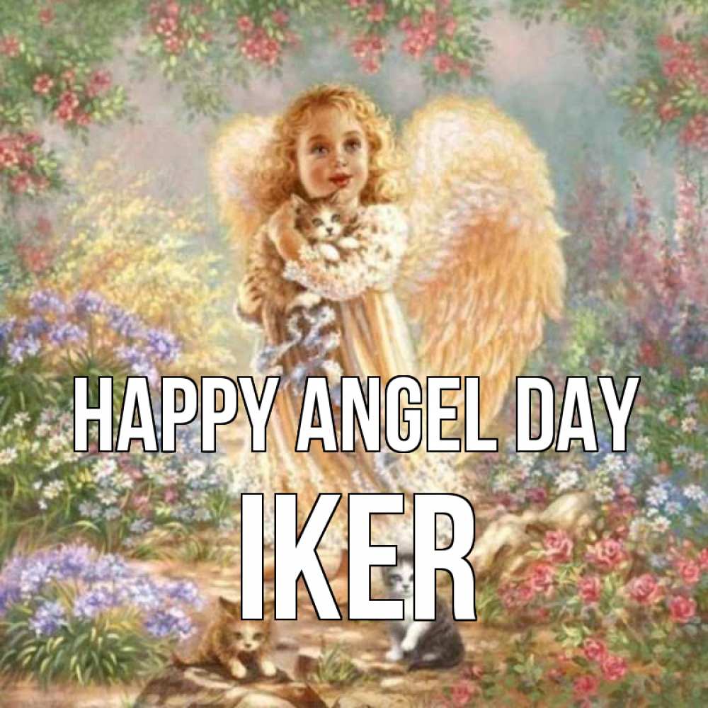 Greetings card с именем, Iker happy angel day держит котенка Greetings with text for free download 