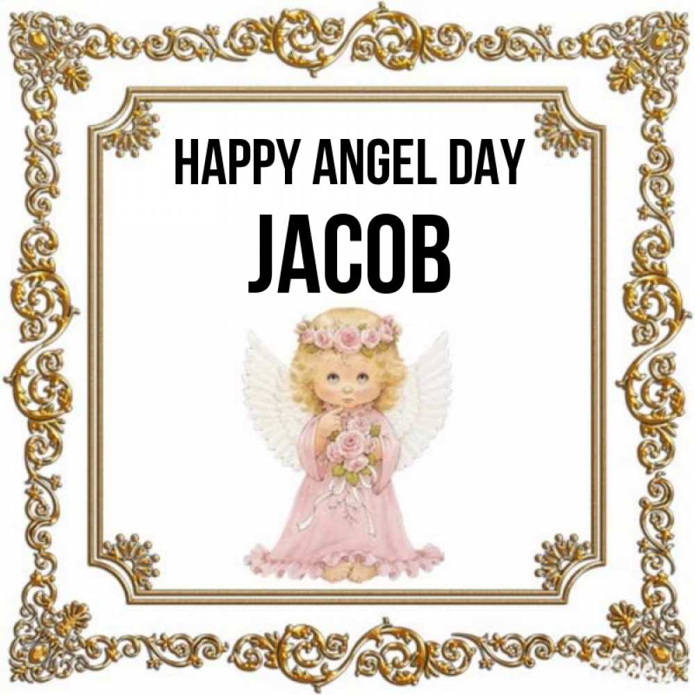 Greetings card с именем, Jacob happy angel day девочка ангел с крыльями и цветами в розовом платье Greetings with text for free download 