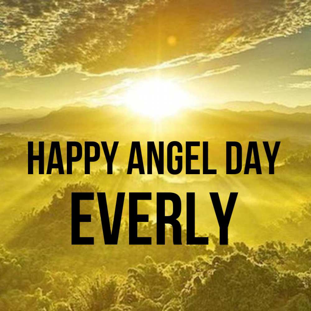 Greetings card с именем, Everly happy angel day леса и небо в желтом Greetings with text for free download 