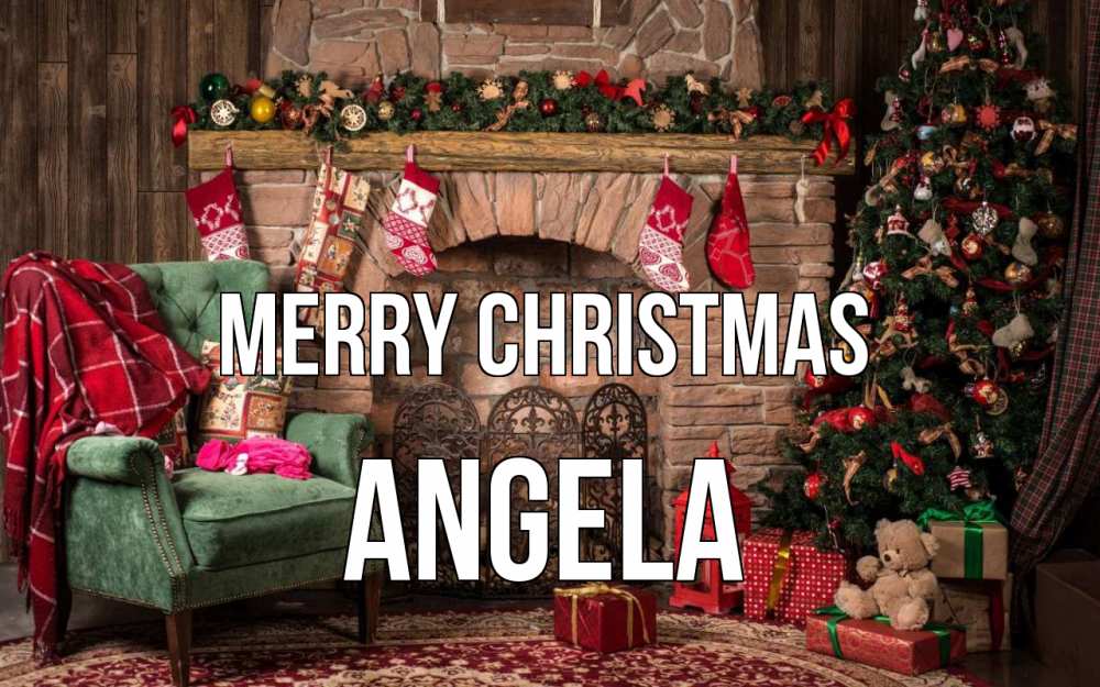 Greetings card с именем, Angela Merry Christmas рождество, камин, ель Greetings with text for free download 