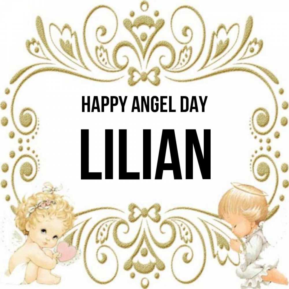Greetings card с именем, Lilian happy angel day с именинами поздравляют два красивых ангела. Один с сердечком другой молится Greetings with text for free download 