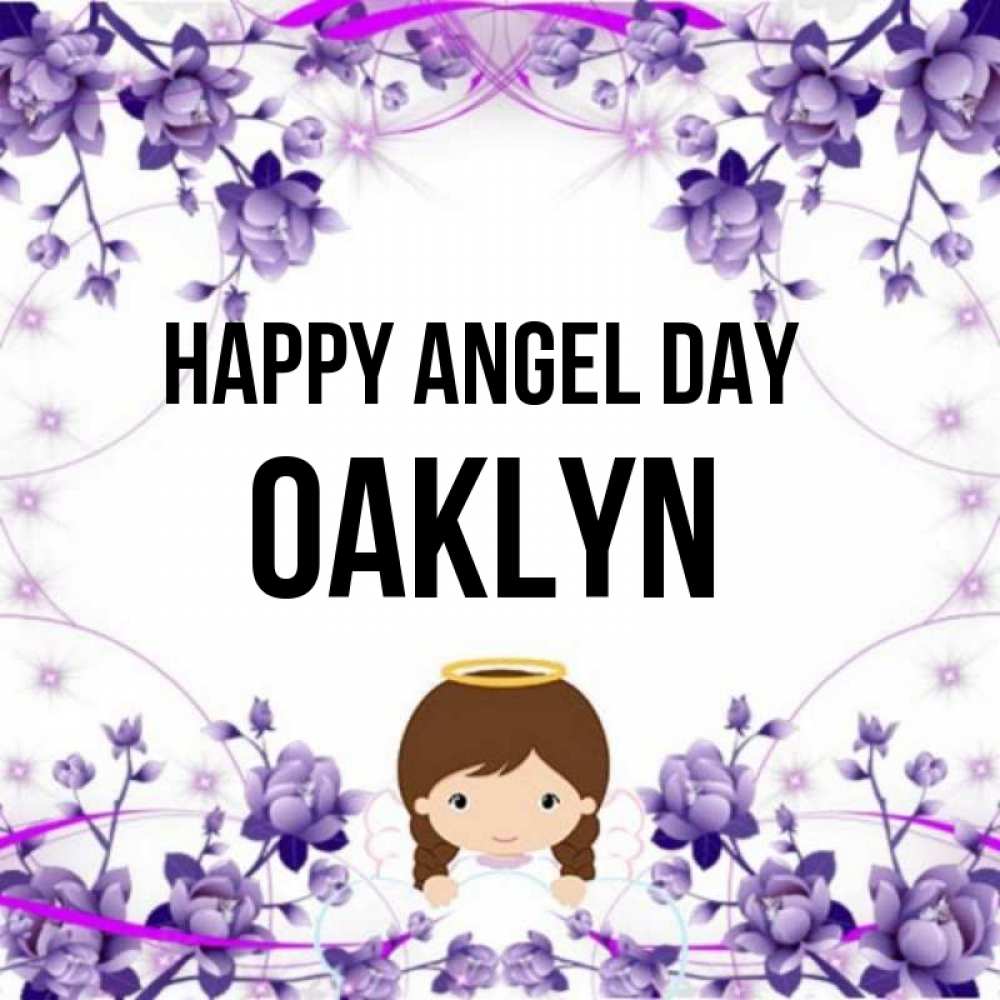 Greetings card с именем, Oaklyn happy angel day с именинами в рамочке Greetings with text for free download 