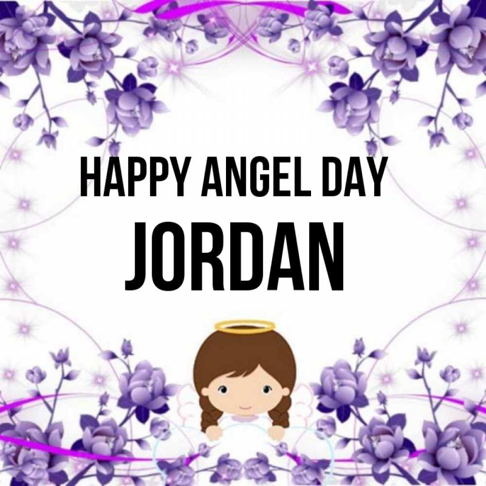Greetings card с именем, Jordan happy angel day с именинами в рамочке Greetings with text for free download 