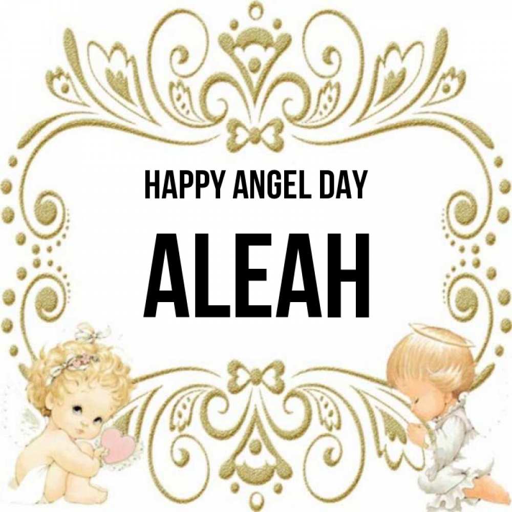 Greetings card с именем, Aleah happy angel day с именинами поздравляют два красивых ангела. Один с сердечком другой молится Greetings with text for free download 