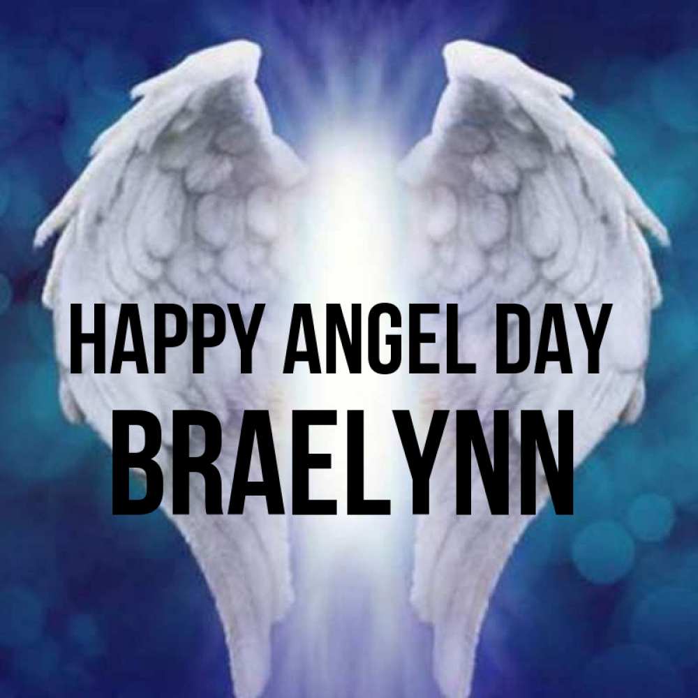 Greetings card с именем, Braelynn happy angel day синий фон и крылышки Greetings with text for free download 