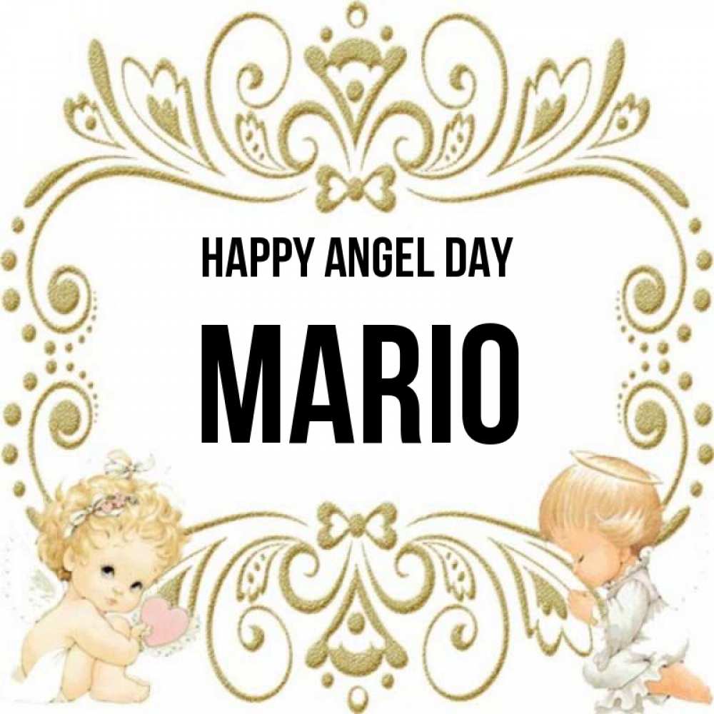 Greetings card с именем, Mario happy angel day с именинами поздравляют два красивых ангела. Один с сердечком другой молится Greetings with text for free download 