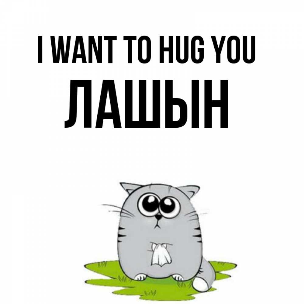 Greetings card с именем, ЛАШЫН I want to hug you котик теребит платочек сидя на травке Greetings with text for free download 