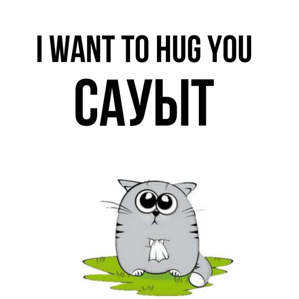 Greetings card с именем, САУЫТ I want to hug you котик теребит платочек сидя на травке Greetings with text for free download 