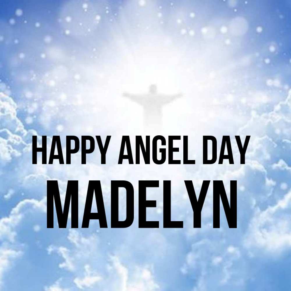 Greetings card с именем, Madelyn happy angel day ангел на облаках в свете солнца Greetings with text for free download 