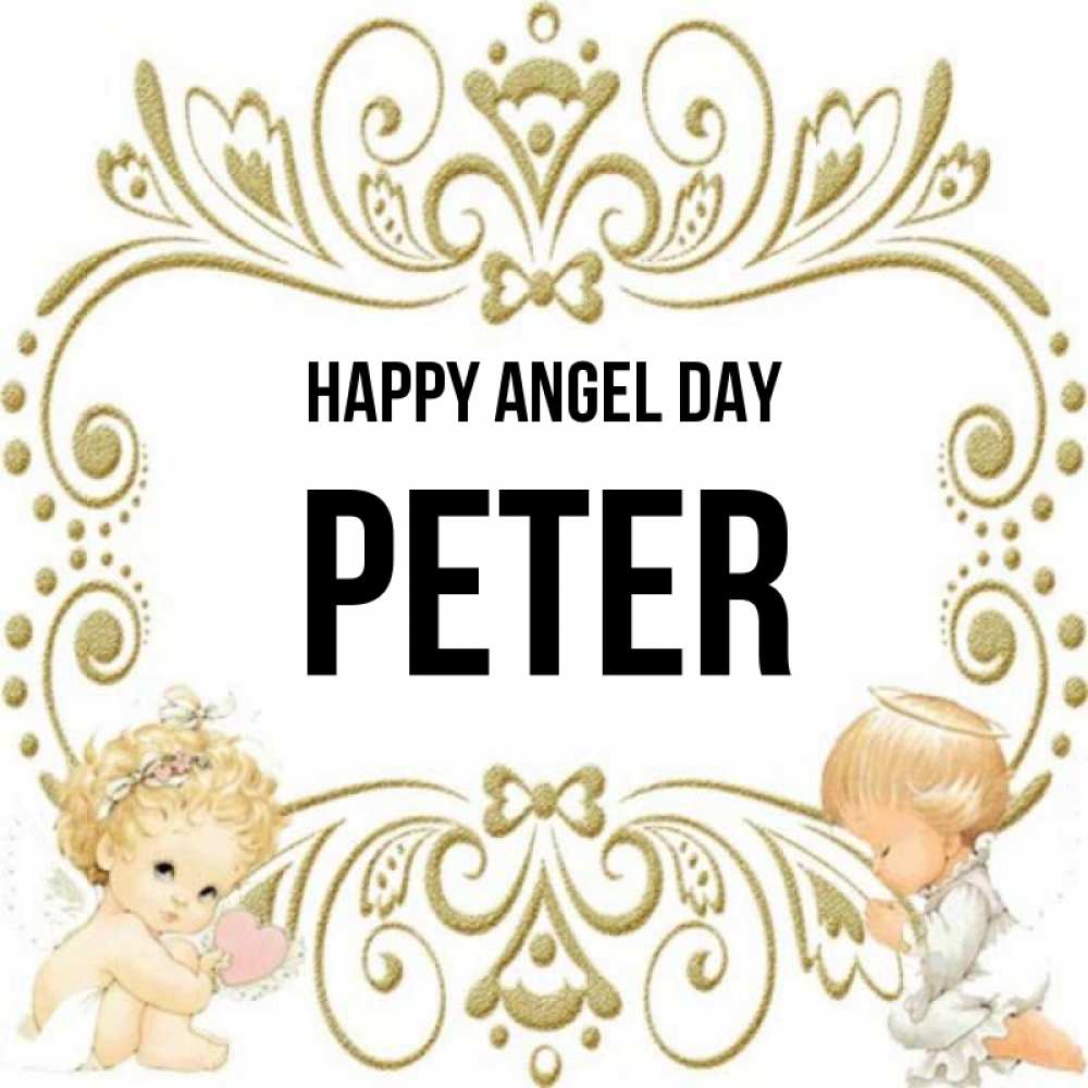 Greetings card с именем, Peter happy angel day с именинами поздравляют два красивых ангела. Один с сердечком другой молится Greetings with text for free download 