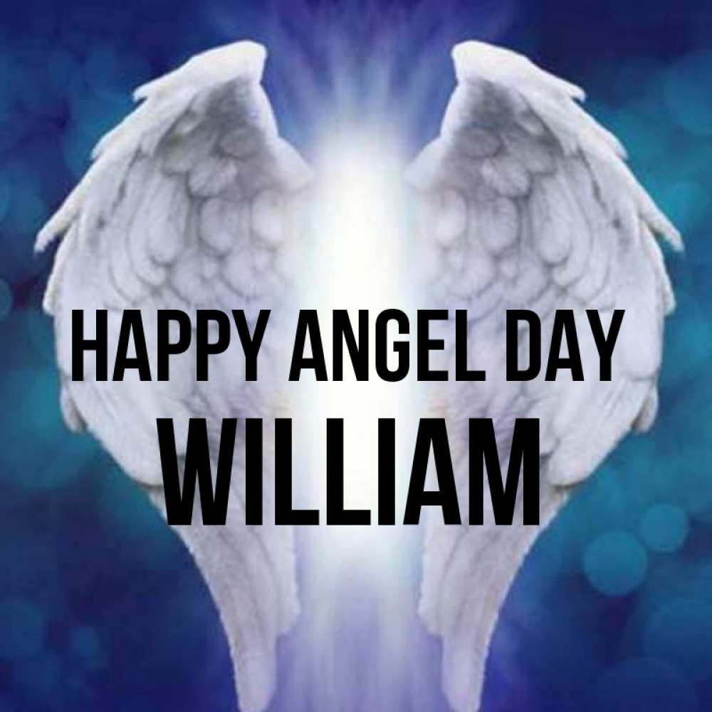 Greetings card с именем, William happy angel day синий фон и крылышки Greetings with text for free download 