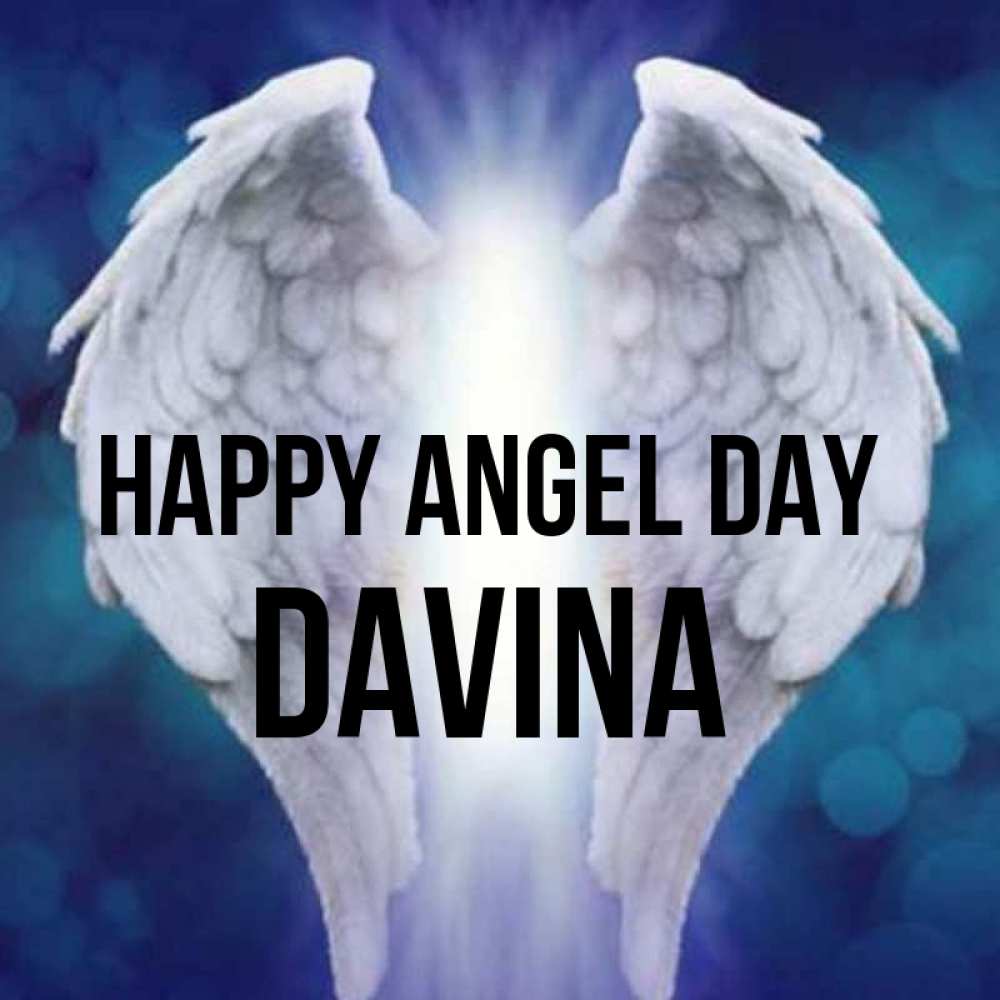 Greetings card с именем, Davina happy angel day синий фон и крылышки Greetings with text for free download 