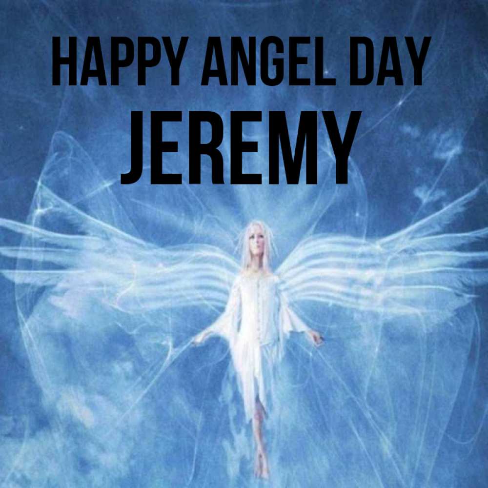 Greetings card с именем, Jeremy happy angel day голубой фон и крылья как у стрекозы Greetings with text for free download 