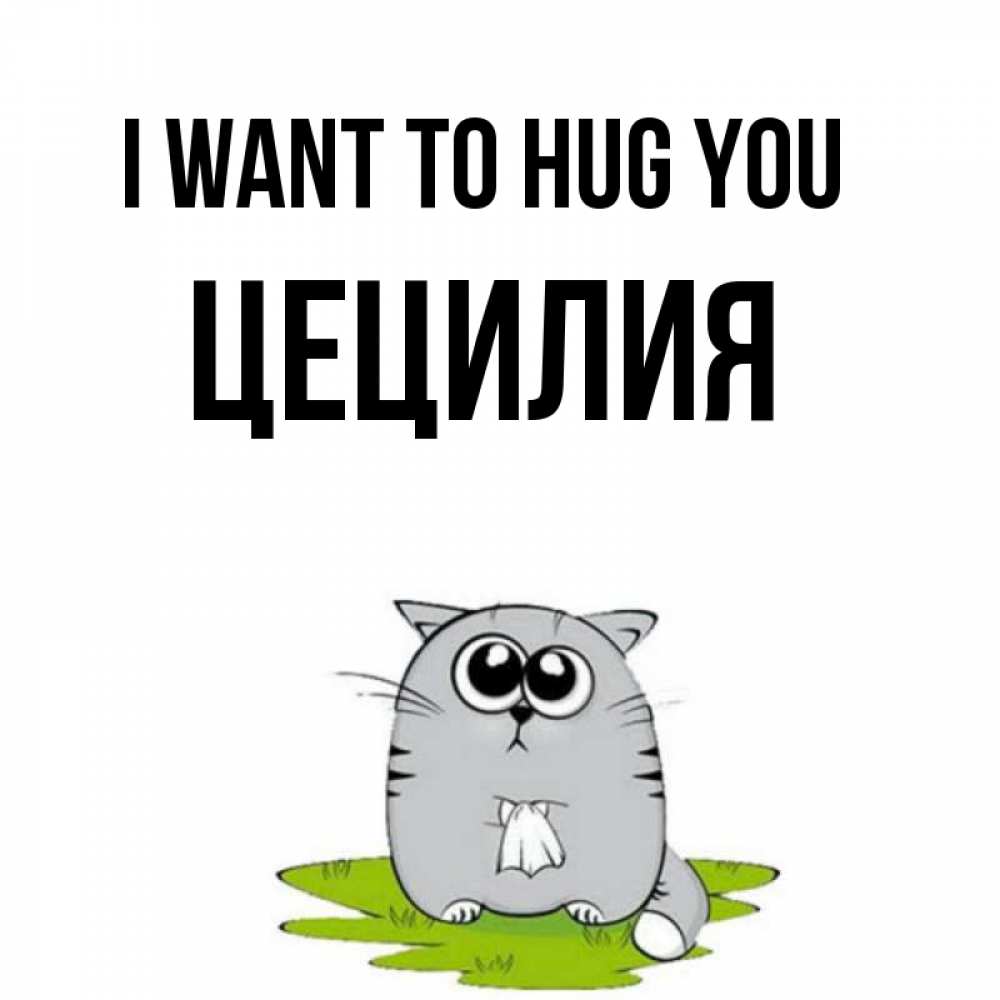 Greetings card с именем, Цецилия I want to hug you котик теребит платочек сидя на травке Greetings with text for free download 