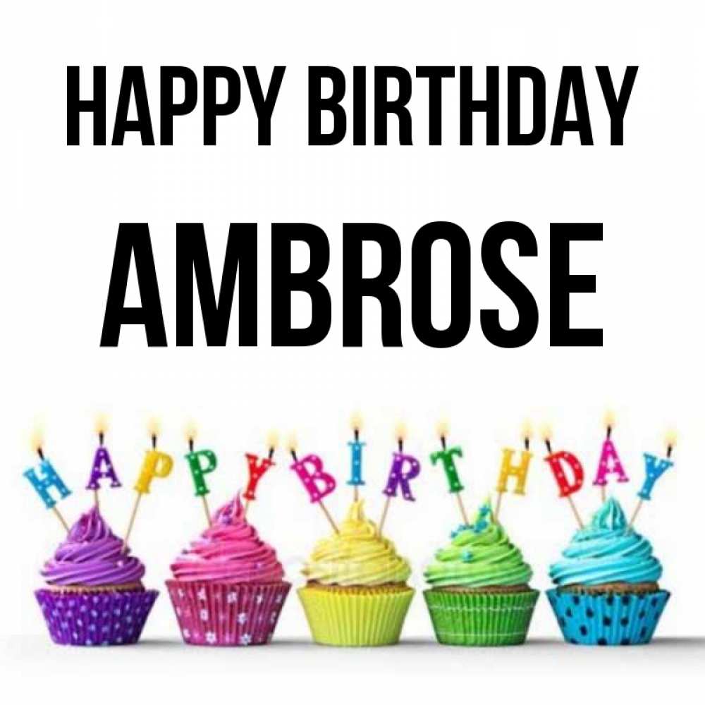 Greetings card с именем, Ambrose Happy Birthday открытка ко дню рождения с разноцветными вкусняшками Greetings with text for free download 
