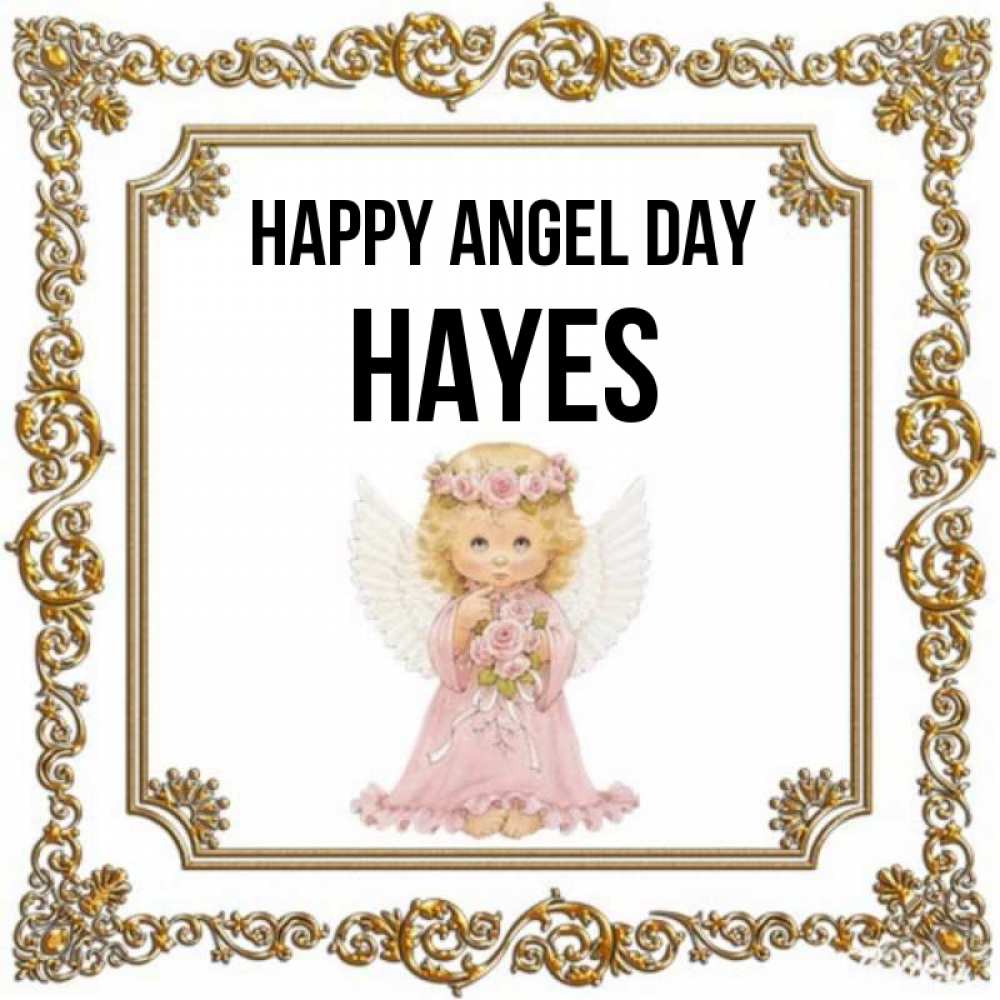 Greetings card с именем, Hayes happy angel day девочка ангел с крыльями и цветами в розовом платье Greetings with text for free download 