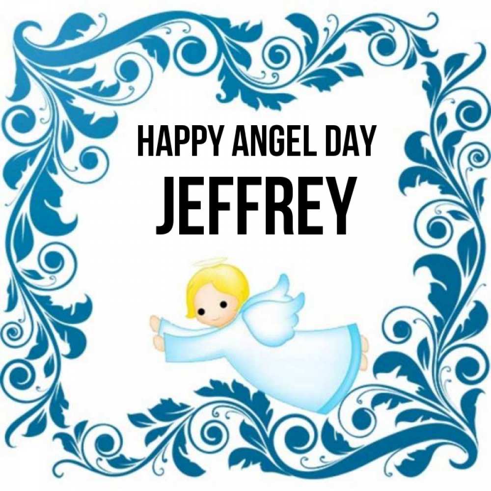 Greetings card с именем, Jeffrey happy angel day девочка ангел и синяя рамка Greetings with text for free download 