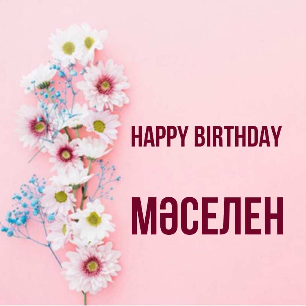 Greetings card с именем, Мәселен Happy Birthday Родная моя с днем рождения тебя картинка с цветами белыми и голубыми Greetings with text for free download 