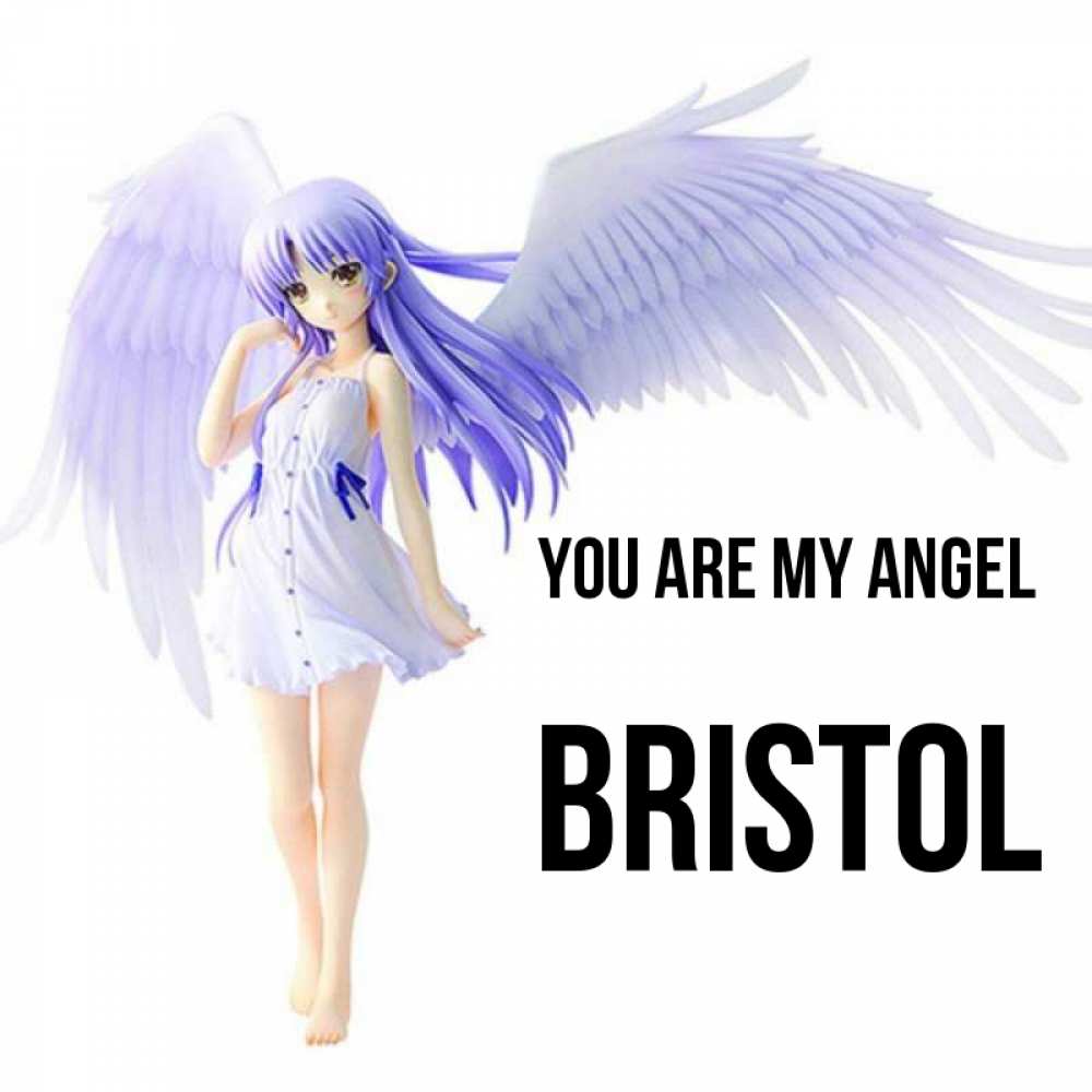 Greetings card с именем, Bristol You are my angel девушка ангел с фиолетовыми крыльями Greetings with text for free download 
