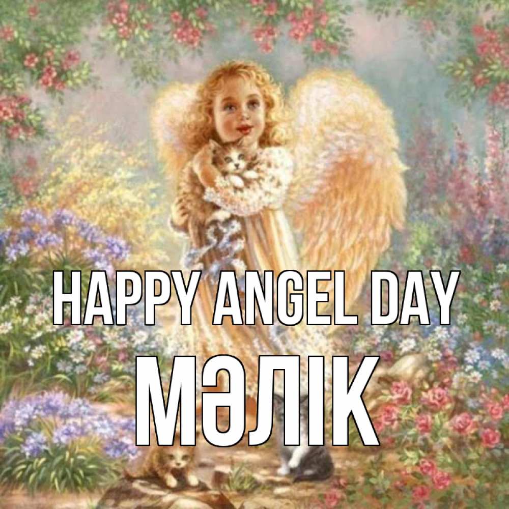 Greetings card с именем, МӘЛІК happy angel day держит котенка Greetings with text for free download 