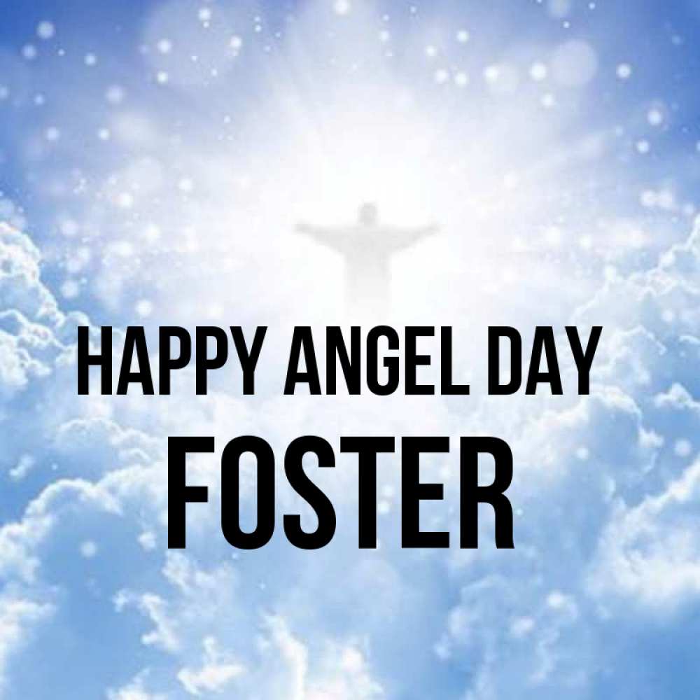 Greetings card с именем, Foster happy angel day ангел на облаках в свете солнца Greetings with text for free download 