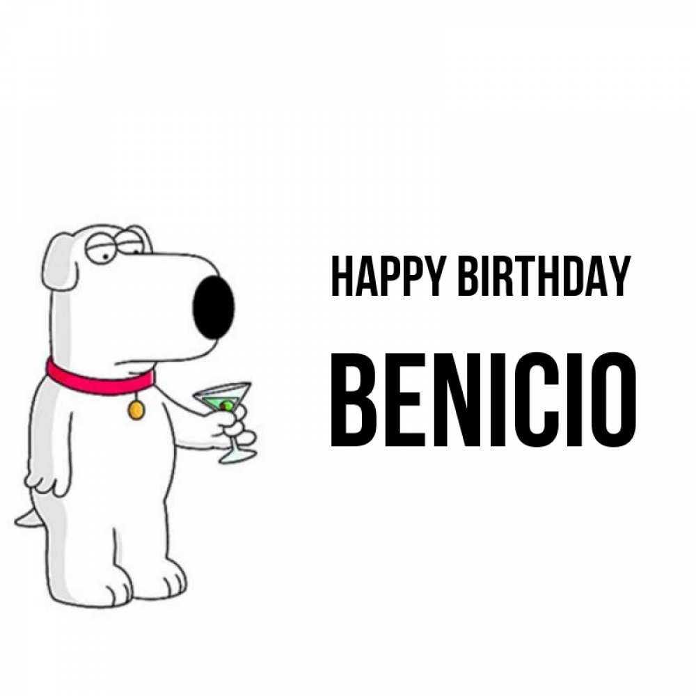 Greetings card с именем, Benicio Happy Birthday песик с оливками Greetings with text for free download 