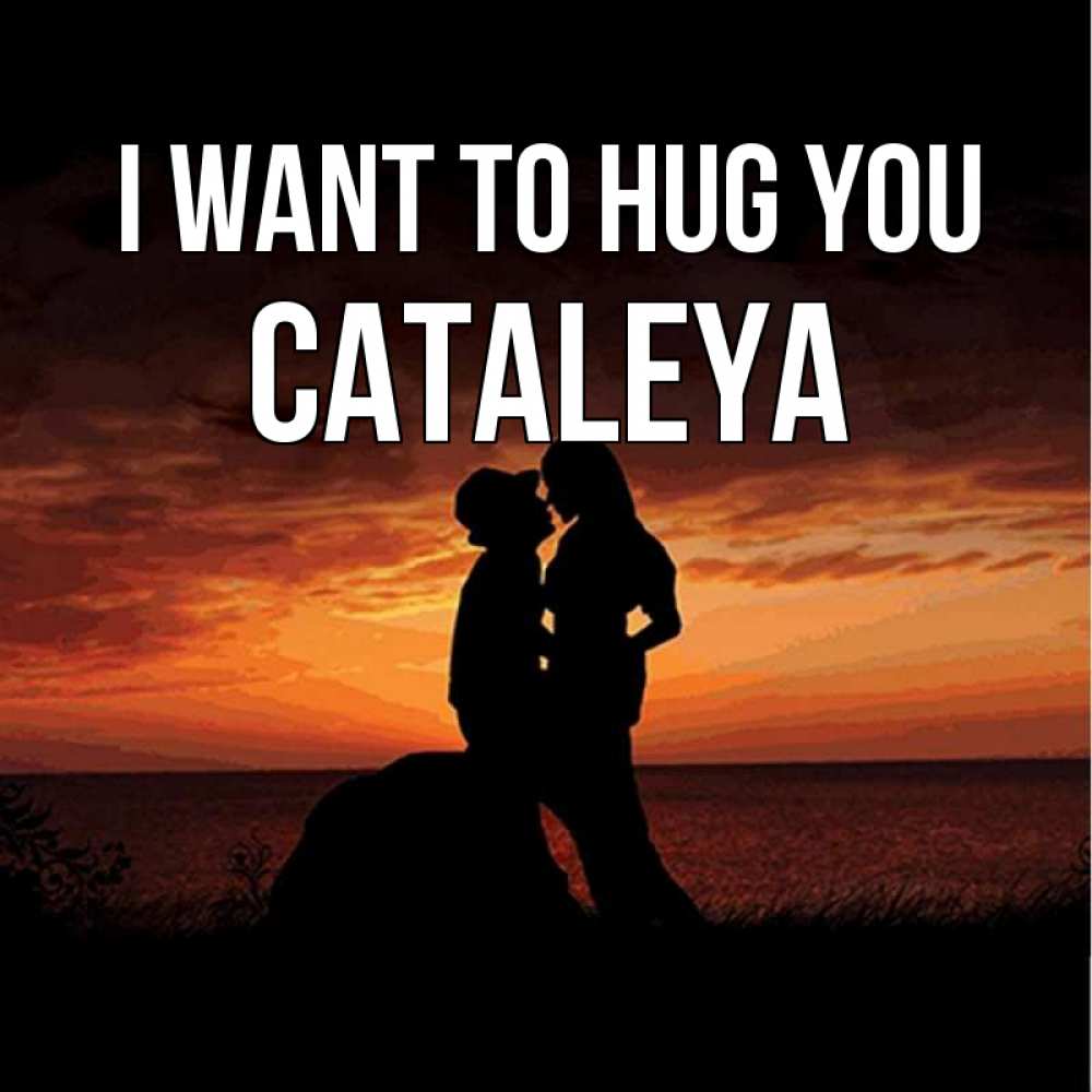 Greetings card с именем, Cataleya I want to hug you парень и девушка и оранжевое небо Greetings with text for free download 