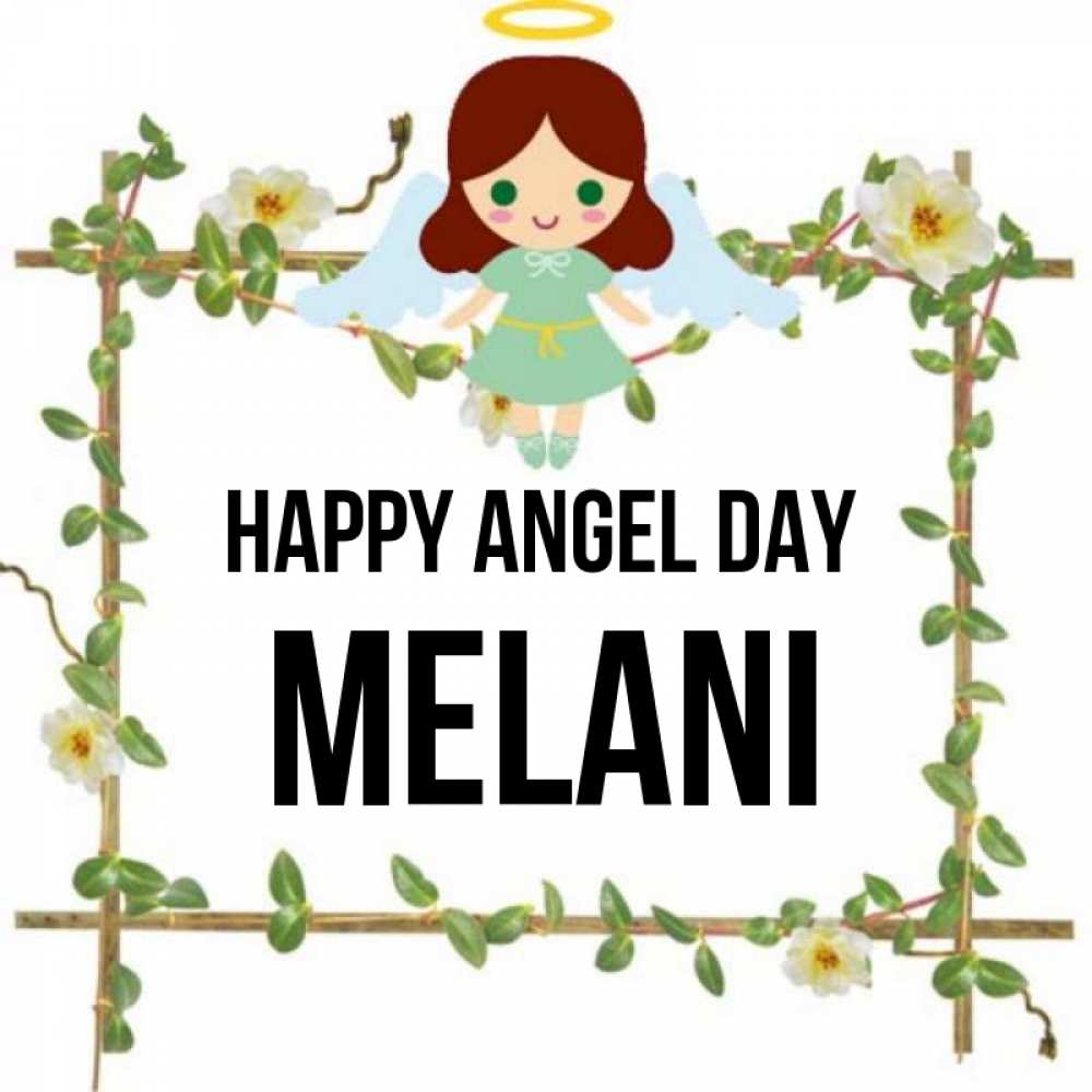 Greetings card с именем, Melani happy angel day Ангел с нимбом Greetings with text for free download 
