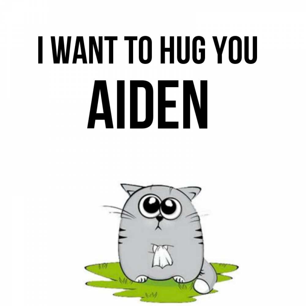 Greetings card с именем, Aiden I want to hug you котик теребит платочек сидя на травке Greetings with text for free download 
