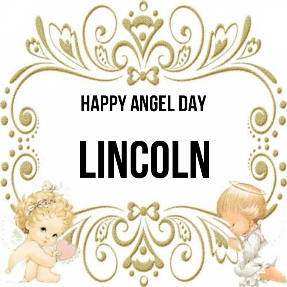 Greetings card с именем, Lincoln happy angel day с именинами поздравляют два красивых ангела. Один с сердечком другой молится Greetings with text for free download 