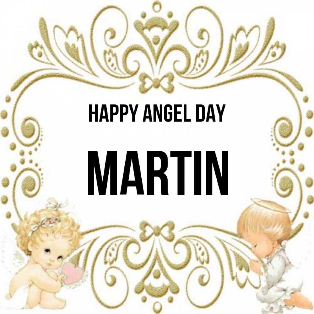 Greetings card с именем, Martin happy angel day с именинами поздравляют два красивых ангела. Один с сердечком другой молится Greetings with text for free download 